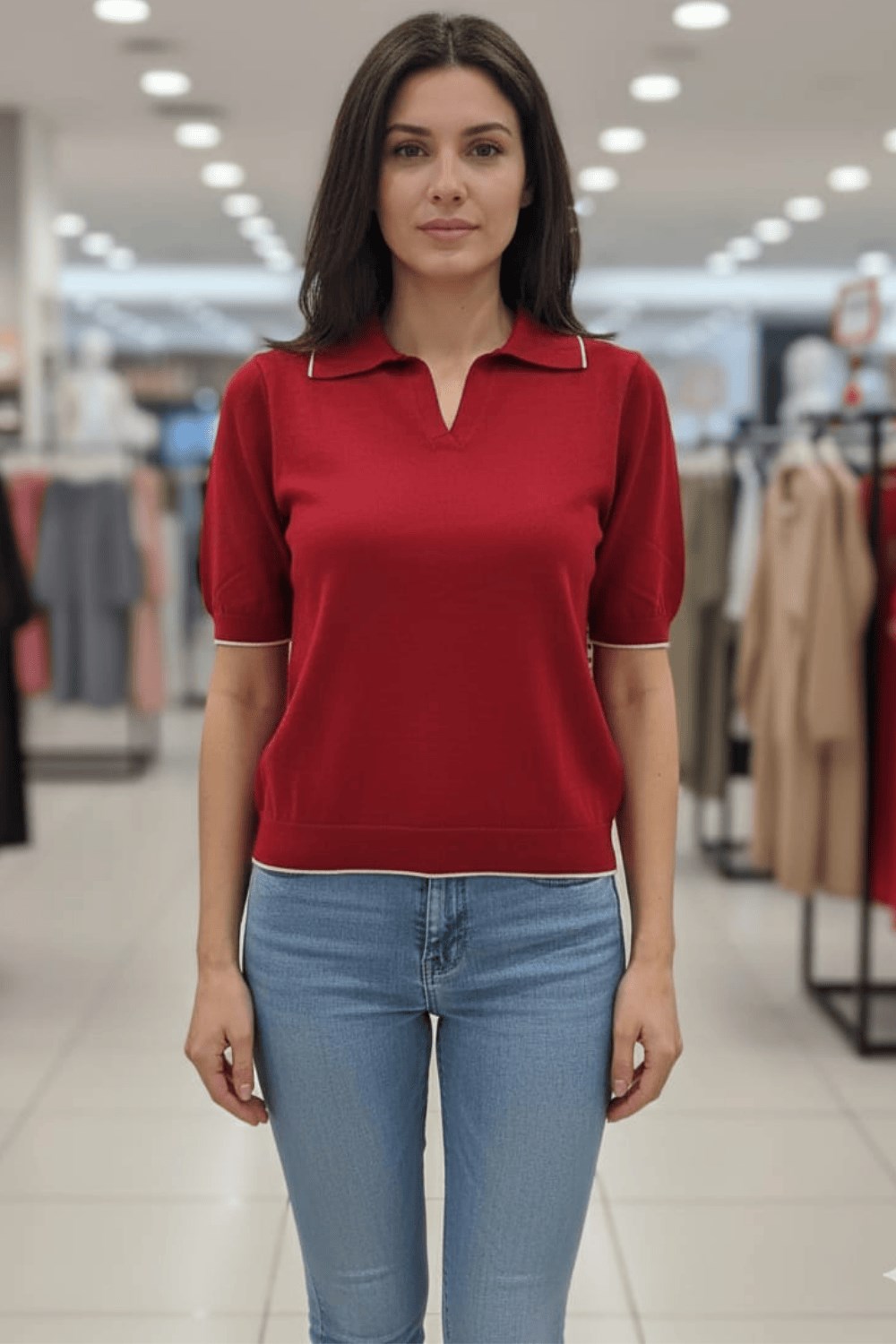 Kadın Polo Yaka Kısa Kollu Triko Kazak