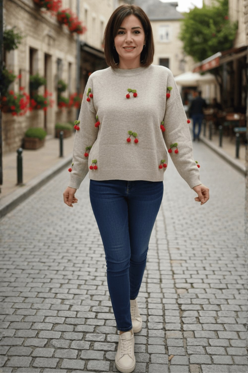 Kiraz Detaylı Bisiklet Yaka Örme Kışlık Kazak