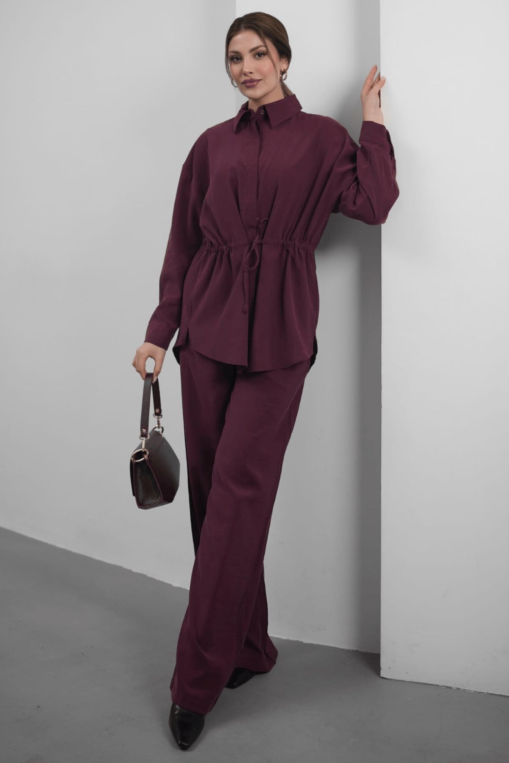 Bel Büzgülü Gömlek Yaka Tunik Pantolon Takım