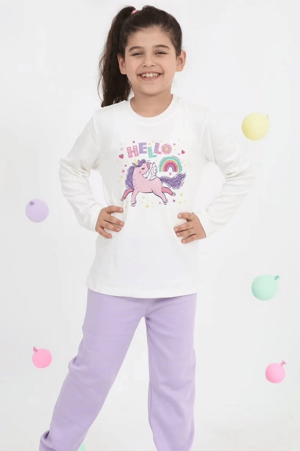 Unicorn Desenli Bisiklet Yaka Lila Kız Çocuk Pijama Takım 10-11 Yaş