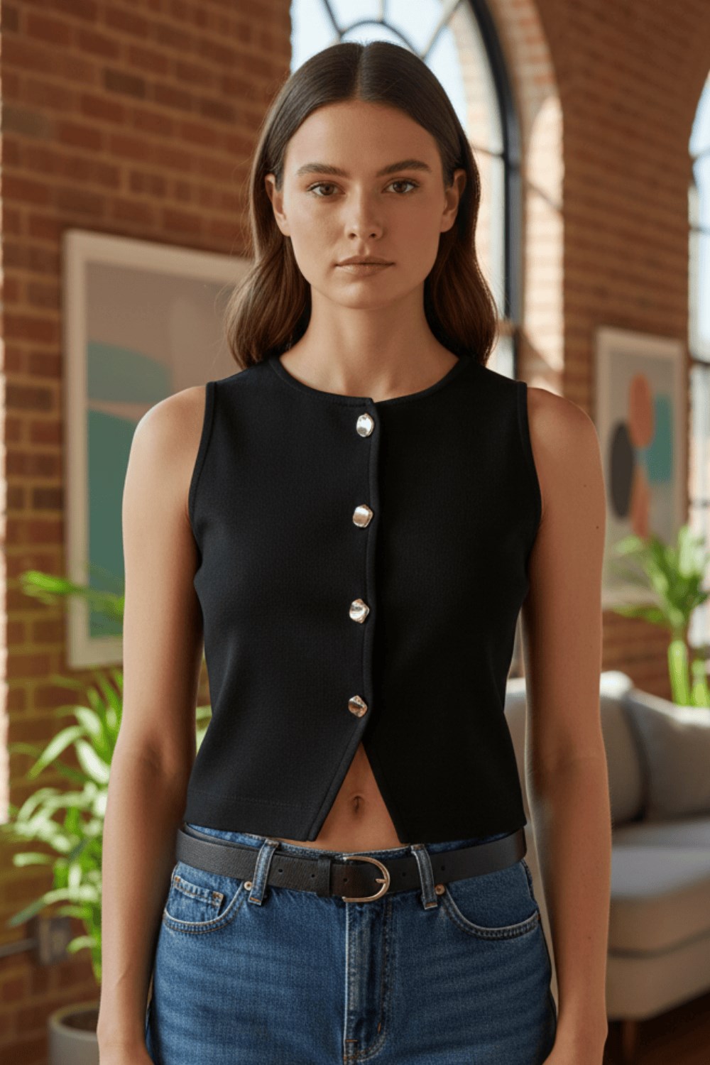 Kadın Siyah Gümüş Düğmeli Örme Yelek