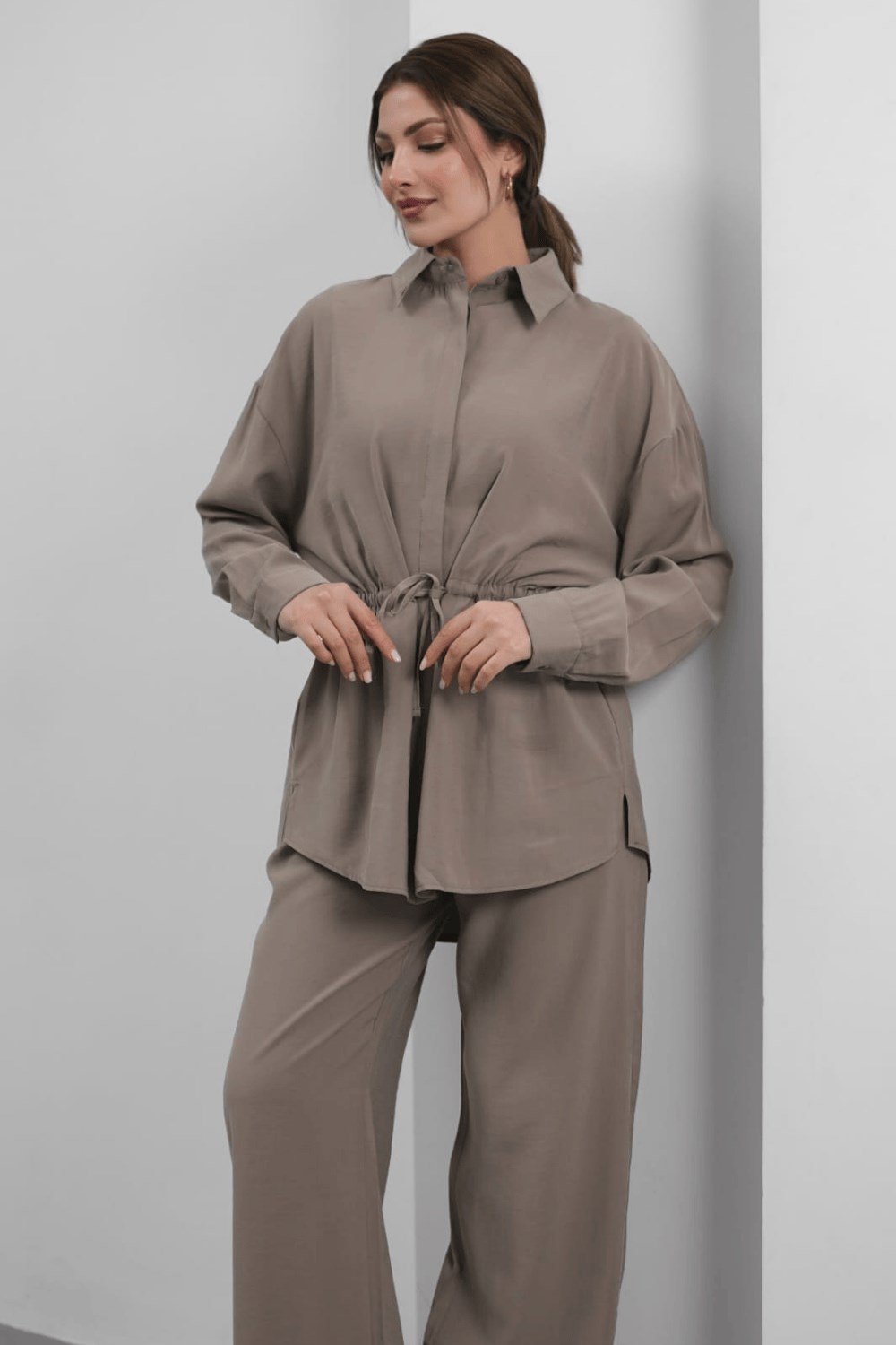 Bel Büzgülü Gömlek Yaka Tunik Pantolon Takım