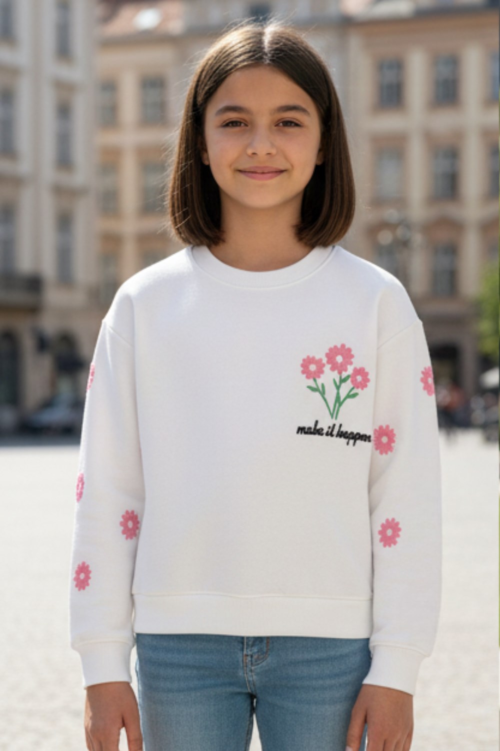 Beyaz Çiçek Desenli  Sweatshirt 7 Yaş