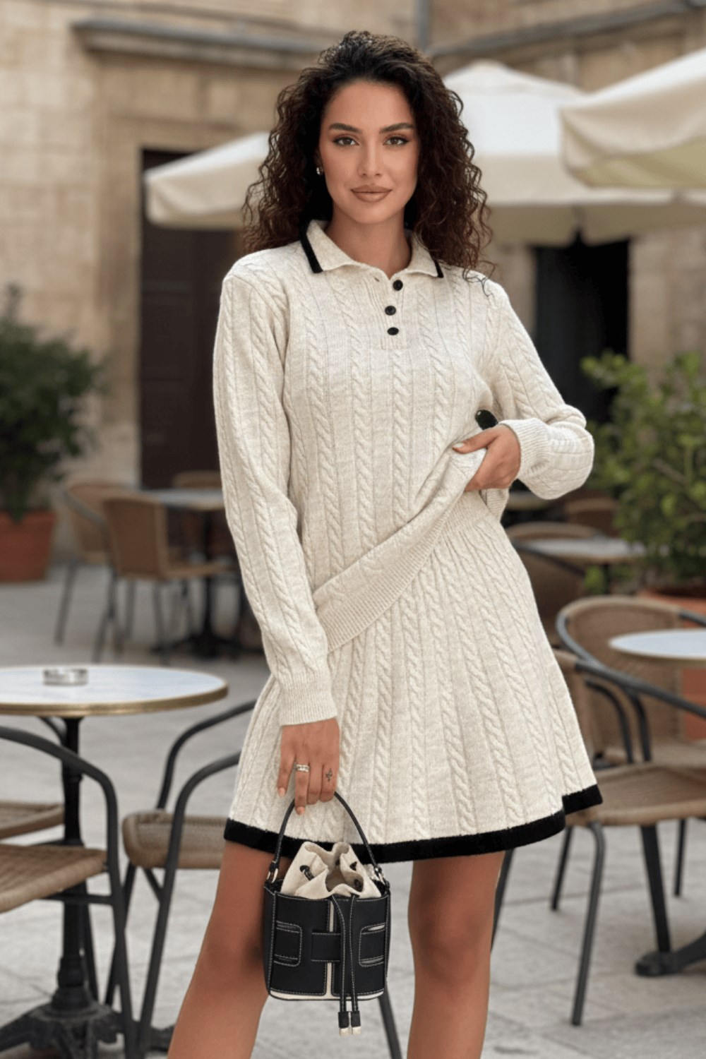 Polo Yaka Saç Örgü Desenli Mini Triko Elbise Takımı 