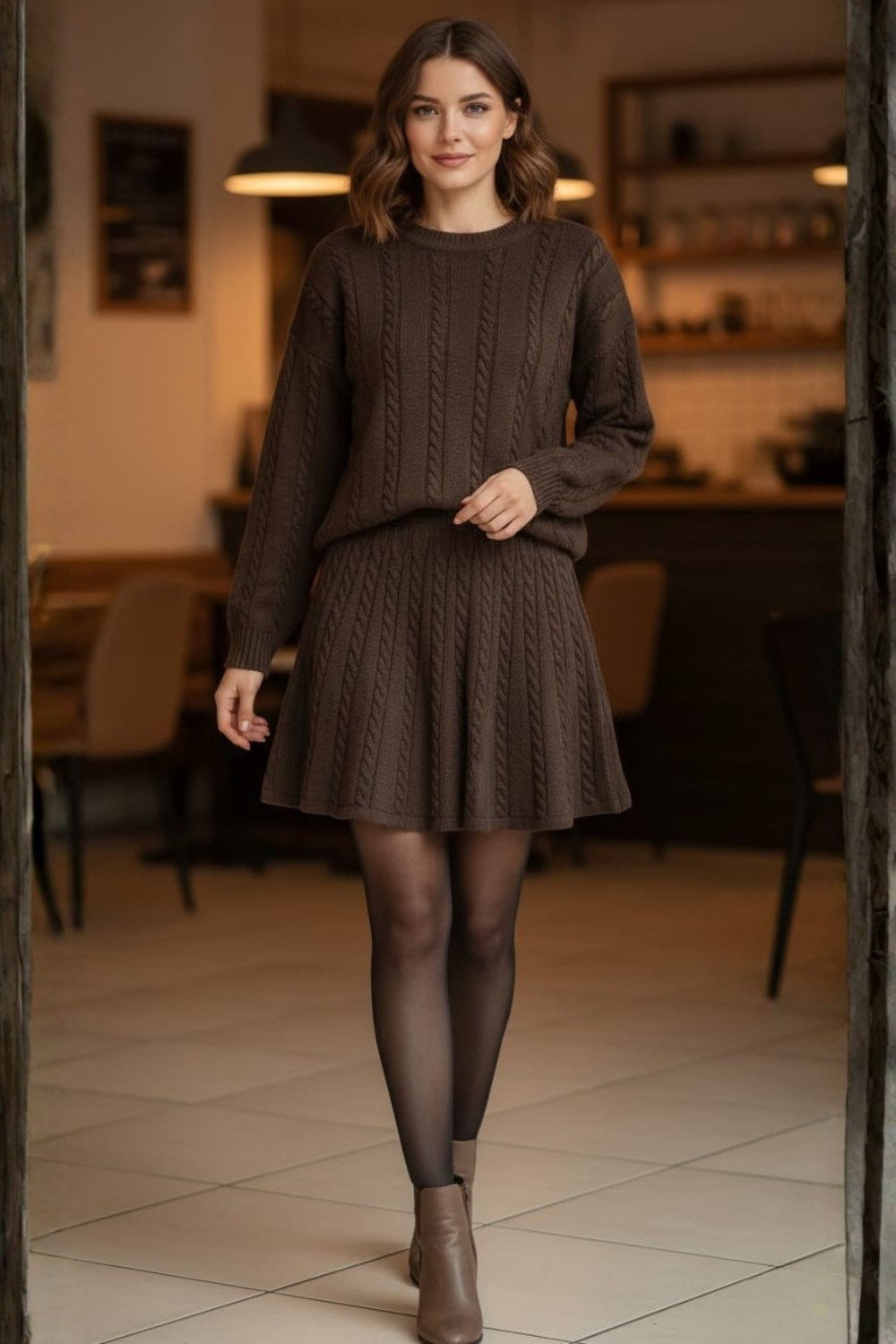 Düşük Omuz Salaş Oversize Triko Kazak & Etek Takım