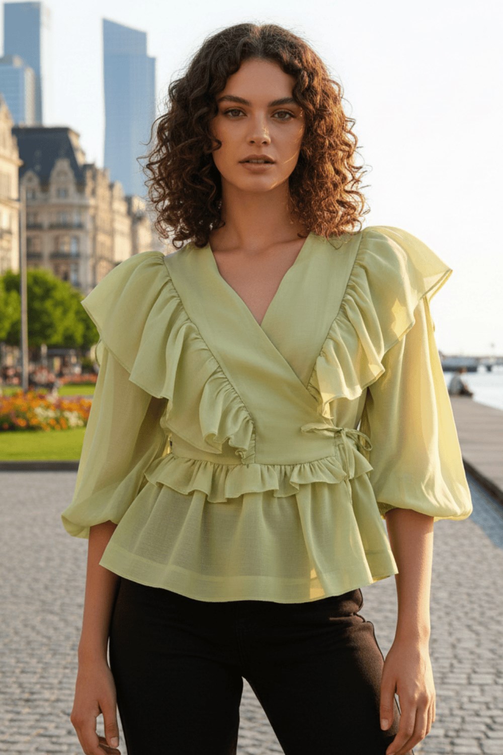 V Yaka Kruvaze Kesim Fırfır Detaylı