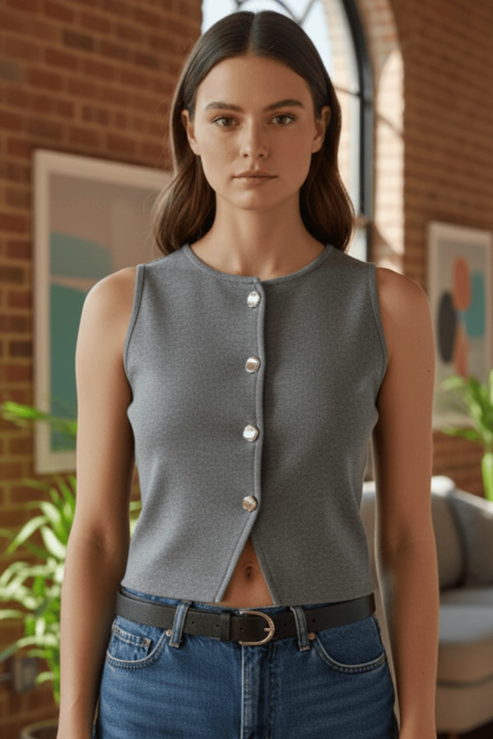 Kadın Siyah Gümüş Düğmeli Örme Yelek