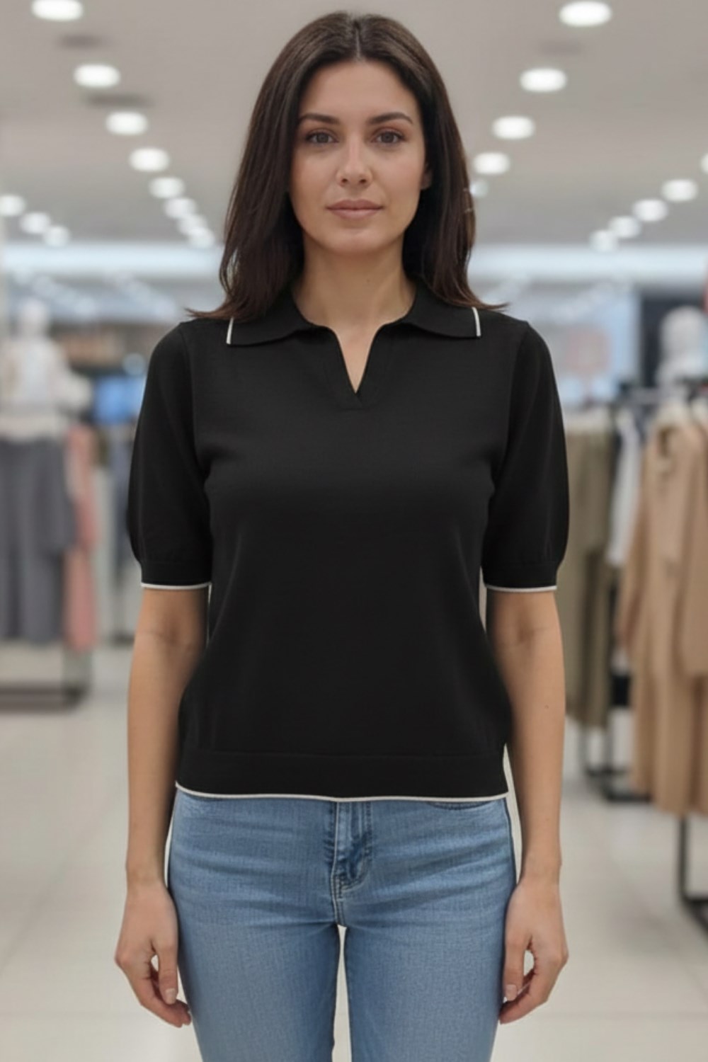 Kadın Polo Yaka Kısa Kollu Triko Kazak